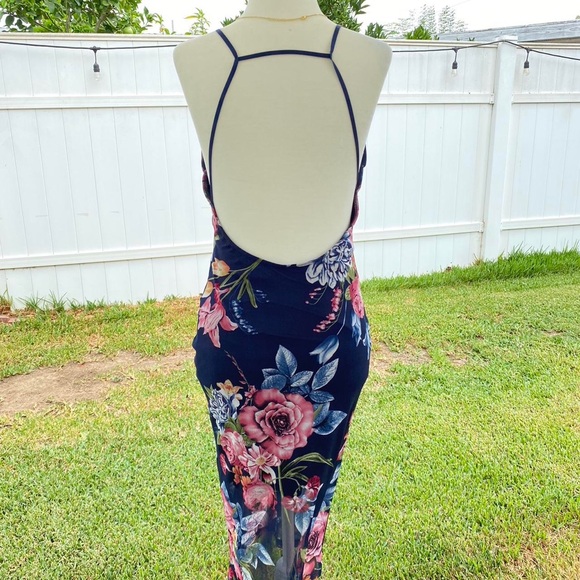 Blue backless midi bodycon sheer dress with flowers S XS - Picture 3 of 3